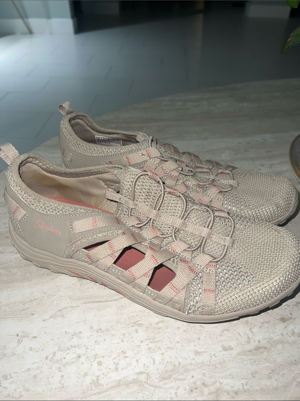 Skechers Taupe Knit Slip-On Athletic Sandal with Pink Accents
